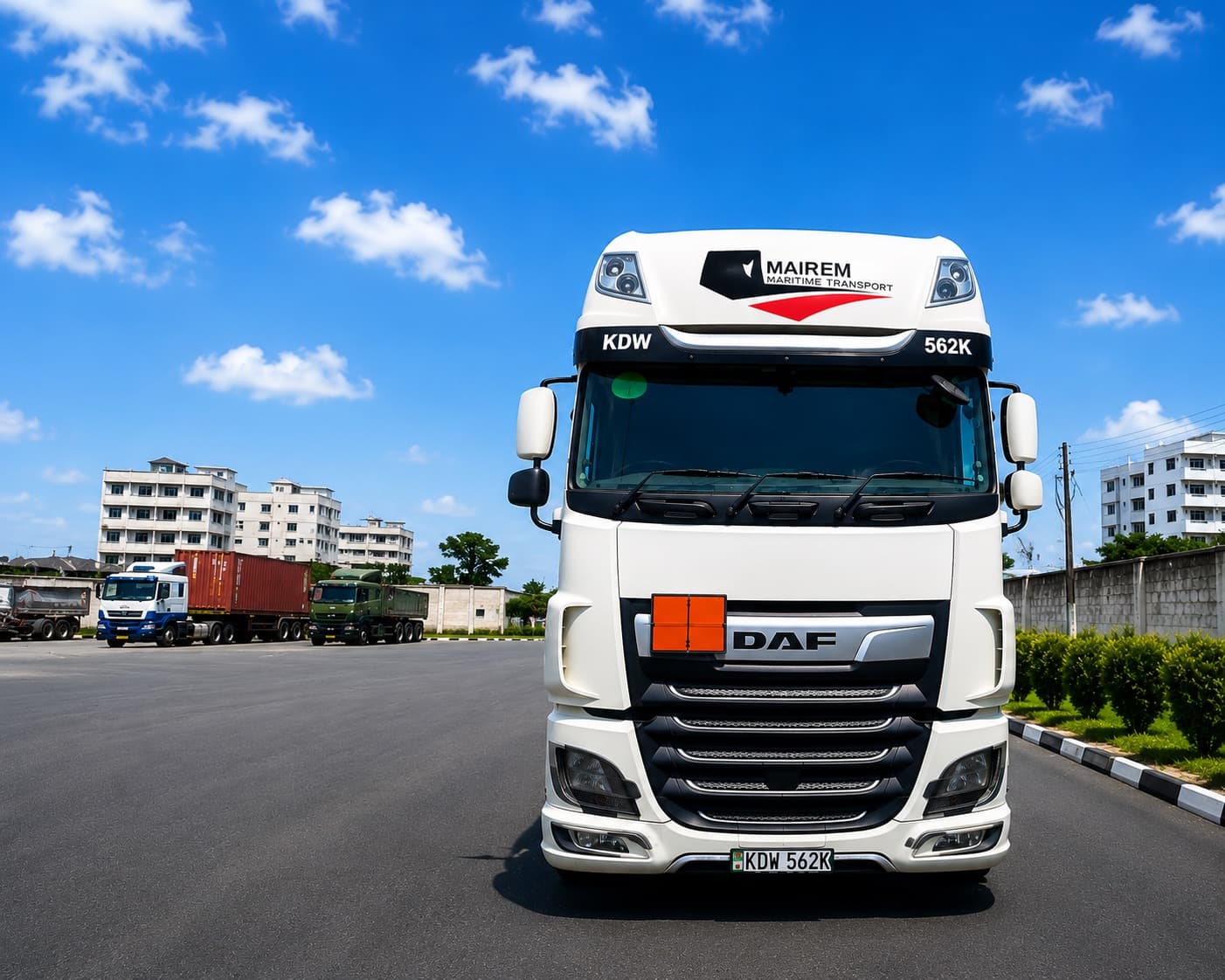 Mairem Transport DAF tractor unit parked in the yard under a clear blue sky