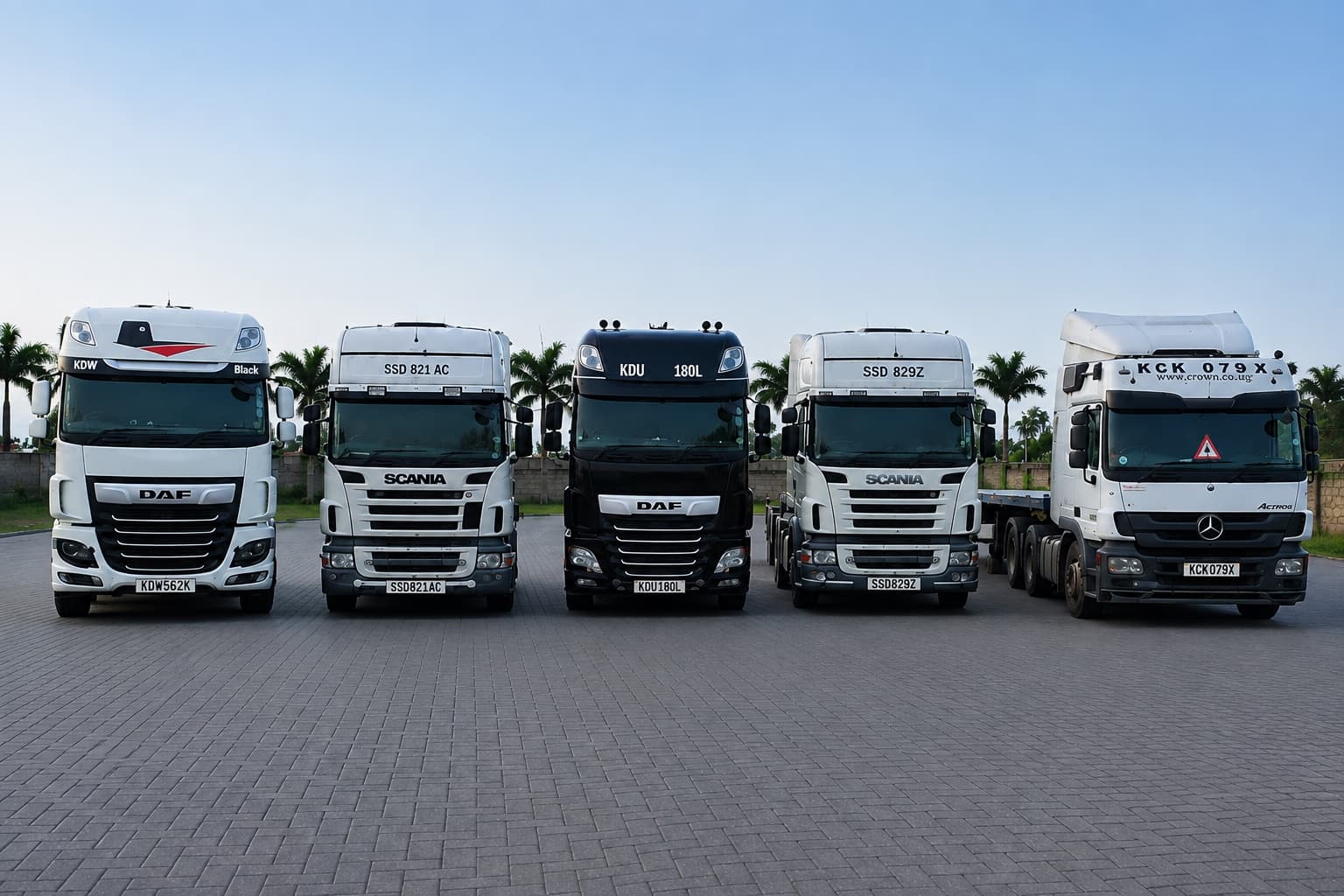 Five Mairem Transport tractor units lined up nose-on in the yard