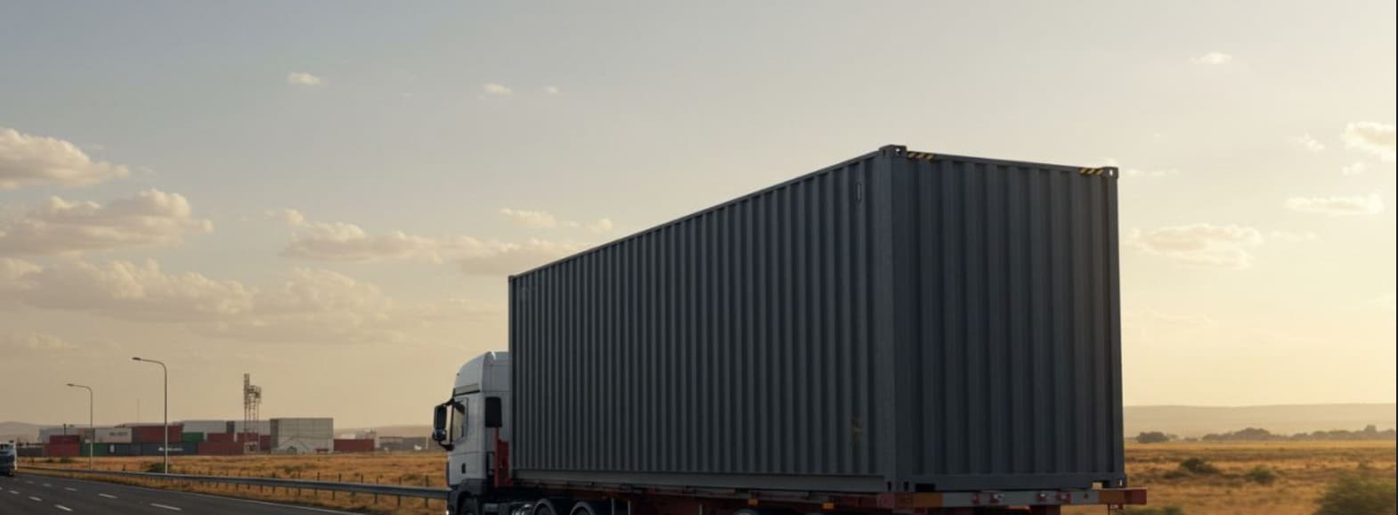 Container truck on the highway at golden hour